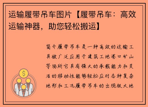 运输履带吊车图片【履带吊车：高效运输神器，助您轻松搬运】